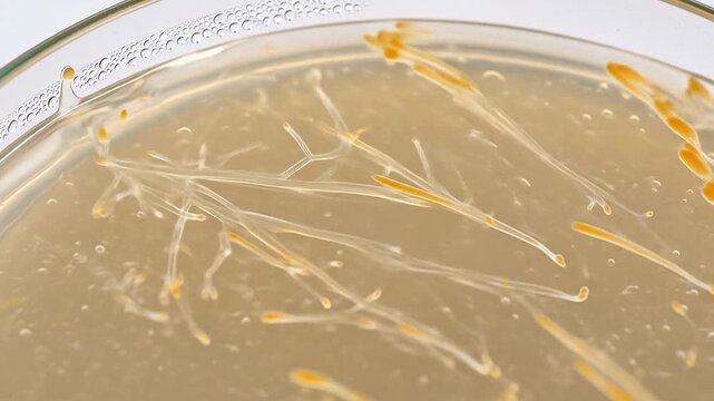 Hyphal tips extending into petri dish surface
