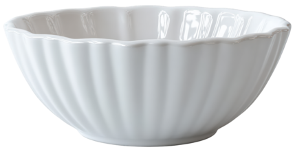 Elegant White Fluted Ceramic Bowl Scalloped Rim Smooth Texture.
