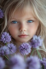 Close-up portrait of a young blonde girl with striking blue eyes surrounded by soft purple flowers, conveying innocence and calmness