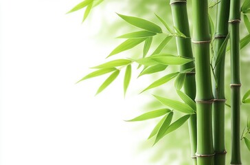 Close-up view of vibrant green bamboo stalks with fresh leaves against a softly blurred light background, conveying calmness and natural beauty