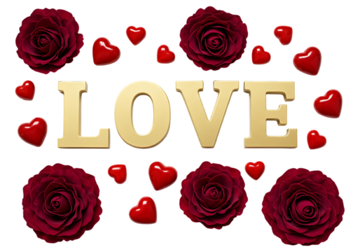 Golden love letters surrounded by red roses and hearts isolated on transparent background
