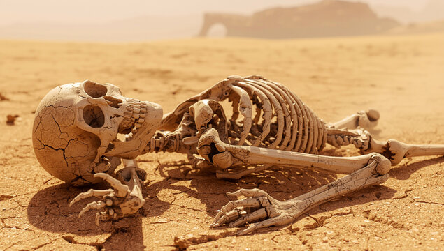 Brittle human bones lying on ground, sun-bleached skull, ribs, and arm bones show detailed textures of age and wear.