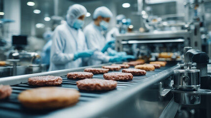Workers in sterile clothing processing burger patties on automated food production line