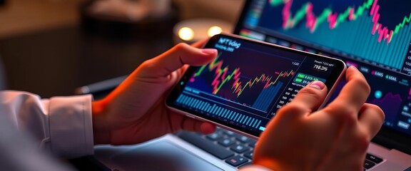 Close-up of hands analyzing NFT financial data on mobile and laptop, futuristic stock chart,  investment,  investment strategy