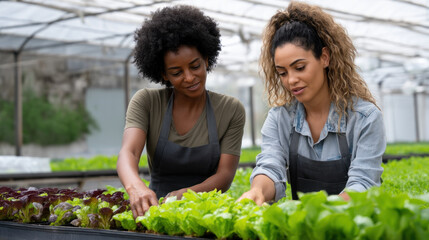 Two African American women working in Smart Farm, future 5G technology with smart farming concept with tablet in hand. Modernization and implementation of new technologies in agricultural direction
