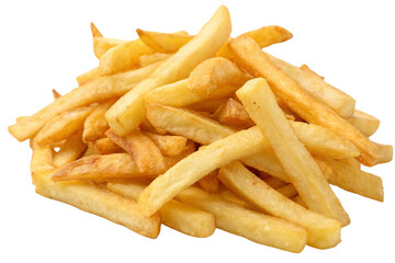 Pile of golden French fries isolated on a white background.