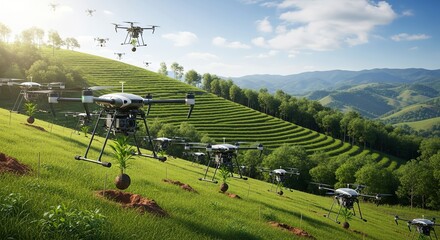 Drones plant saplings on lush green terraced hills under sunny skies