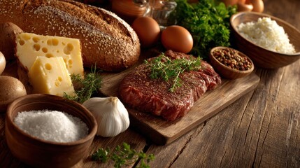 Steak, Cheese, & Bread: Rustic Food Still Life
