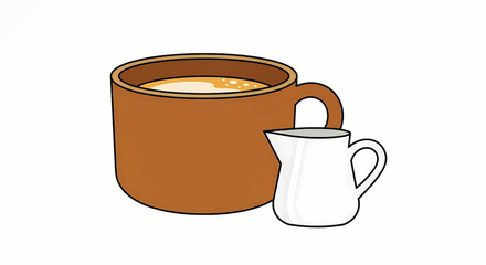 Minimalist illustration of a brown coffee mug and a white creamer pitcher, representing a cozy morning beverage or a relaxing break.