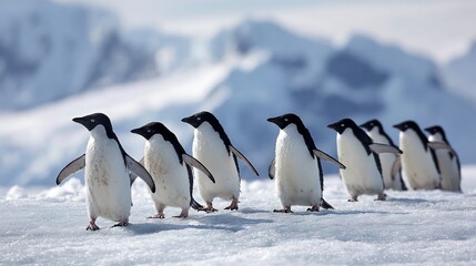 Obraz premium Majestic Penguins Waddle Across a Pristine Ice Field A Stunning Display of Avian Majesty