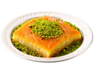 Golden square of traditional baklava soaked in syrup and topped with bright green crushed pistachios.