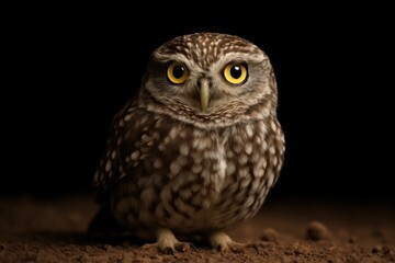 Fototapeta premium Amidst the shadows of night, a wise owl gazes with piercing yellow eyes, embodying the mystery and power of nature