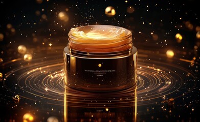 luxurious golden cream jar with swirling cream in a glowing cosmic background filled with sparkling particles and golden orbs conveying elegance and indulgence