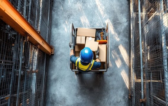 Overhead view of a warehouse worker wearing a blue hard hat and high visibility vest moving a cart loaded with cardboard boxes in an industrial storage area - Powered by Adobe