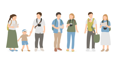 Obraz premium 観光地を歩く家族とカップルの旅行イラストセット（アースカラー）