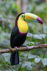 Fototapeta premium Vibrant Toucan Perched A CloseUp of a Colorful Birds Enormous Beak Against a Natural Background