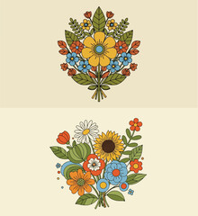 Retro groovy floral bouquet illustration in 70s style with daisy and sunflower