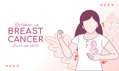 National breast cancer awareness month banner background, a woman clenches her fist and a pink ribbon symbol on her chest