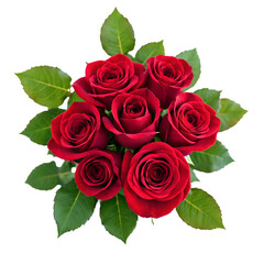 Obraz premium Beautiful Bouquet of Red Roses with Green Leaves Isolated on White Background