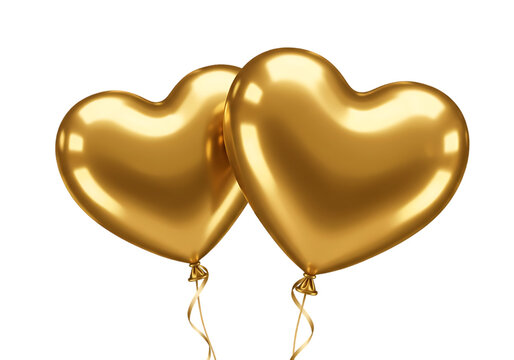 Two golden heart shaped balloons isolated on transparent background