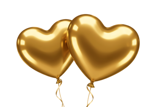 Two golden heart shaped balloons isolated on transparent background