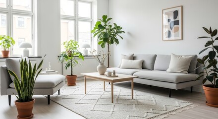 Bright modern living room with potted plants and minimalist decor