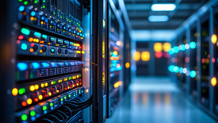 Illuminated Data Center Equipment Rack Server Network Technology in Modern Facility