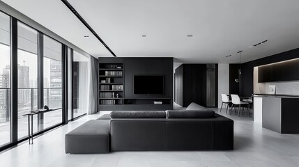 A 100-square-meter luxury minimalist living room with black, white, and gray tones. On the left side, there are large floor-to-ceiling windows leading to a balcony, allowing plenty of natural light.