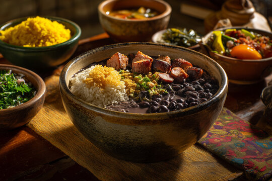 Brazilian pato no tucupi duck stew with tucupi sauce, jambu herbs, chicory and rice, vibrant Amazon plate, warm rustic lighting