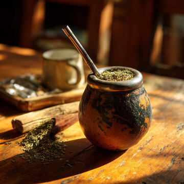 Traditional Brazilian chimarr&atilde;o mate tea in a cuia with metal bombilla, yerba mate leaves, rustic wooden table