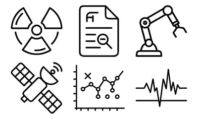 Science and Laboratory Line Icons Chemistry, Physics, Biology, Space, Robotics, Data, and Medical Vector Icon Set for Education, Research, and STEM Projects