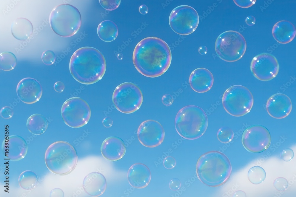 Wall mural a whimsical dance of bubbles in the azure sky, where each bubble is a burst of color against the bac