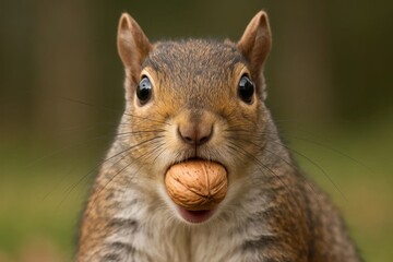 Fototapeta premium A squirrel's gaze meets ours as it holds a nut in its mouth