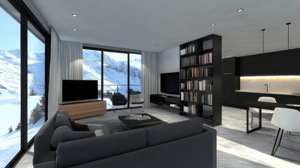 A 100-square-meter luxury minimalist living room with black, white, and gray tones. On the left side, there are large floor-to-ceiling windows leading to a balcony, allowing plenty of natural light.