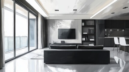 A 100-square-meter luxury minimalist living room with black, white, and gray tones. On the left side, there are large floor-to-ceiling windows leading to a balcony, allowing plenty of natural light.