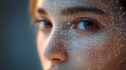Close-up of a young woman’s face with digital network lines and glowing points mapping her facial features conveying futuristic technology and facial recognition