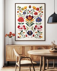 A framed poster with an embroidered floral pattern hanging on the wall, a symmetrical composition, a retro style, a wood grain sideboard and chairs in front of it, a white background