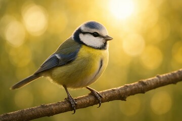 Fototapeta premium A blue-and-yellow European Tit perches on a branch, basking in the warm glow of sunrise