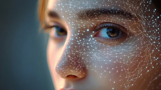Close-up of a young woman’s face with digital network lines and glowing points mapping her facial features conveying futuristic technology and facial recognition