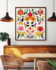A framed poster with an embroidered floral pattern hanging on the wall, a symmetrical composition, a retro style, a wood grain sideboard and chairs in front of it, a white background