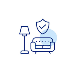 Secure living space, approved home setup, protected furnishings. Sofa with post lamp, shield and checkmark. Pixel perfect, editable stroke vector icon