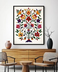 A framed poster with an embroidered floral pattern hanging on the wall, a symmetrical composition, a retro style, a wood grain sideboard and chairs in front of it