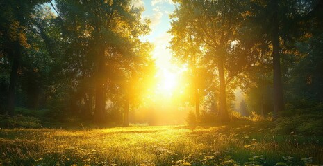 Obraz premium Bright sun shining through tall green trees illuminating a peaceful forest clearing with wildflowers and grass
