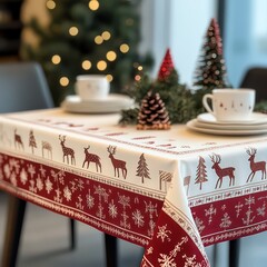 Red and white tablecloth with Christmas deer motifs embroidered on top. The design includes geometric forms in a variety of sizes and colors. Beige border. Adds a festive feel. Graphic design drawing