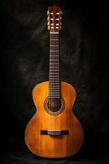 Obraz premium Classical acoustic guitar standing upright against a dark textured background with warm lighting highlighting the wooden body and strings