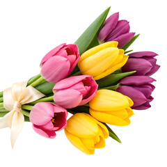 Obraz premium Mixed Color Tulip Bouquet with Ribbon Isolated on White Background