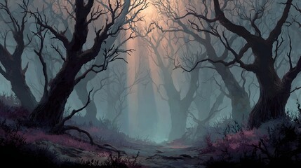 A dark and enchanting forest path winding through the mist and shadows with the last rays of twilight filtering through the bare branches