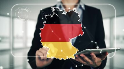 Person Holding Digital Tablet with Germany Map and Flag Overlay Black Suit Futuristic Interface Technology Displayed - Powered by Adobe