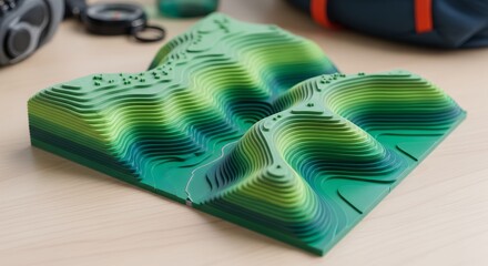 3D Printed Topographic Map Model with Green Elevation Contour Lines