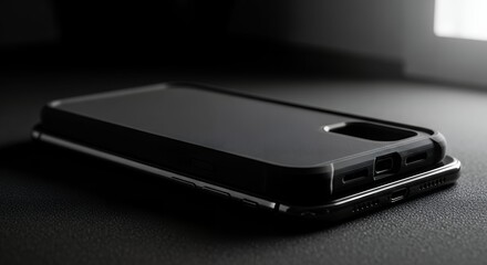 Close-up of a black smartphone with a textured protective case, stacked on another phone, highlighting modern mobile technology and accessory design in a sleek, dark environment.